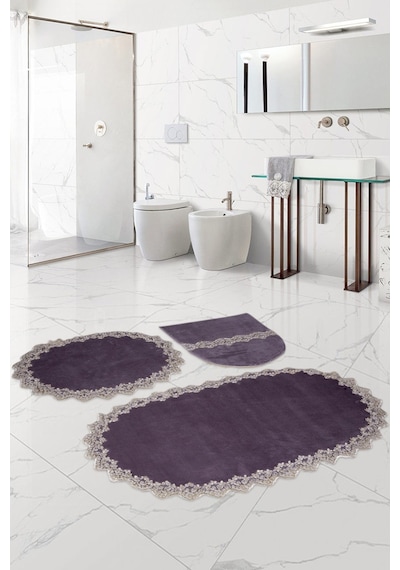 Bonny Home Venüs Gri 3'lü Dantelli Banyo Paspası Seti Çeyizlik Kl Gri