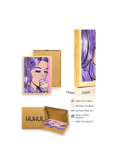 Doğal Ahşap Çerçeveli Mor Saçlı Pop Art Portre Tablo - Canlı Tonlar Huhu2031