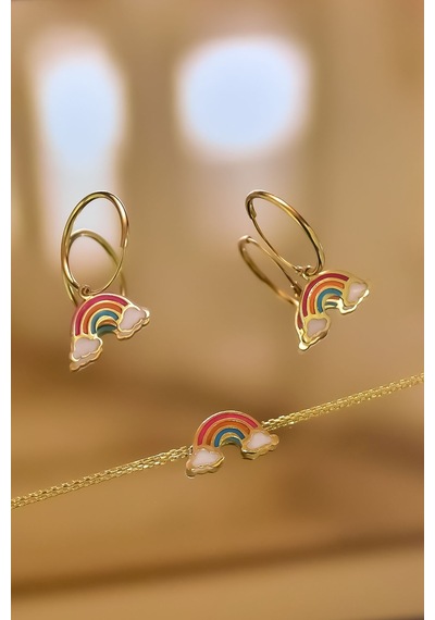 Papatya Silver 925 Ayar Gümüş Gold Kaplama Parlayan Rüya Serisi Mineli Gökkuşağı Halka Küpe ve Bileklik Set