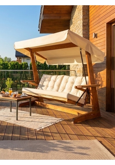 Viva 2400 4 Kişilik Ahşap Bahçe Salıncağı, Balkon ve Teras Salıncağı, Kanepe Özellikli/Krem