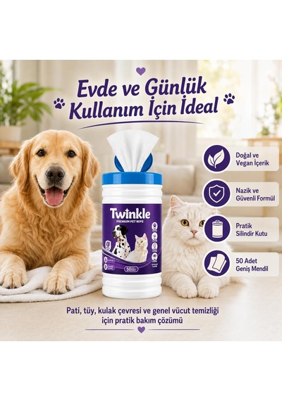 Twinkle Kedi Köpek Islak Mendil 50 Adet - Pati Tüy Kulak Ve Göz Çevresi Temizliği - Alkolsüz Parabensiz Hijyenik Mendil