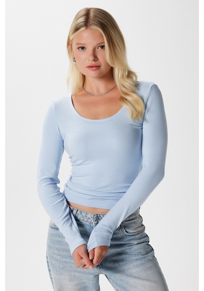 Ritnice Kadın Heat Lux Touch U Yaka Mavi Uzun Kol Soft Bluz Mavi