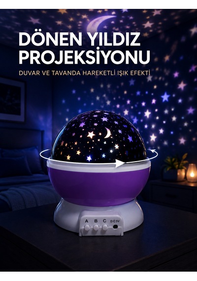 Yıldız Projeksiyon Lambası Döner Başlıklı Renkli Çocuk Odası Gece Işığı Sarı