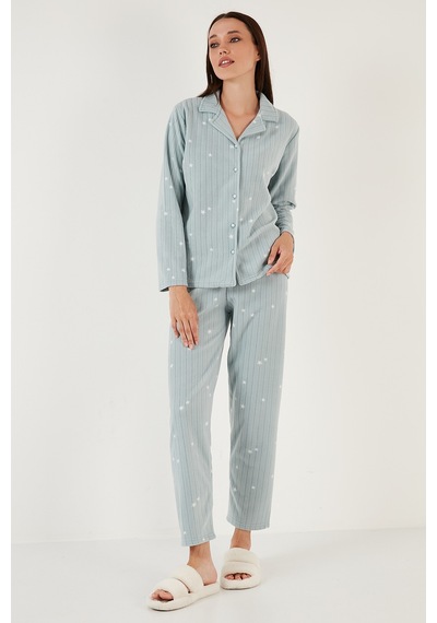Lela Regular Fit Gömlek Yaka Önden Düğmeli Polar Bayan Pijama Takımı 6571009W4 Mint