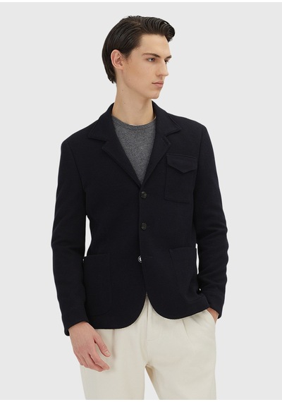 Ramsey Koyu Lacivert Düz Shirt Shoulder Slim Fit Yün Karışımlı Örme Ceket