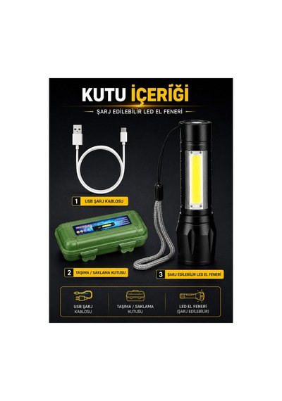 Şarjlı Led El Feneri 5w Cob Led Zoomlu 3 Modlu Usb Şarjlı Kamp Ve Acil Durum Feneri Siyah - 920253238 Siyah