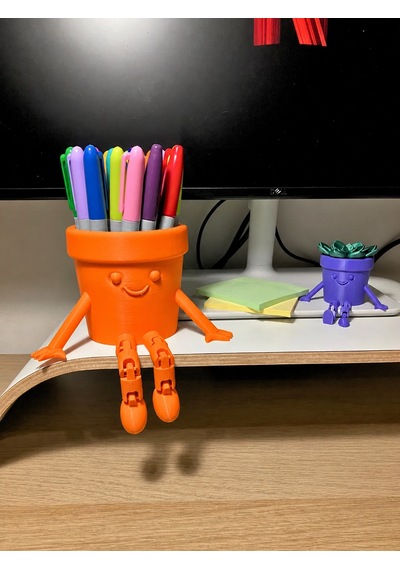 3d Baskı Hareketli Gülen Kalemlik - Eklemli Masaüstü Organizer - Turuncu Çok Renkli