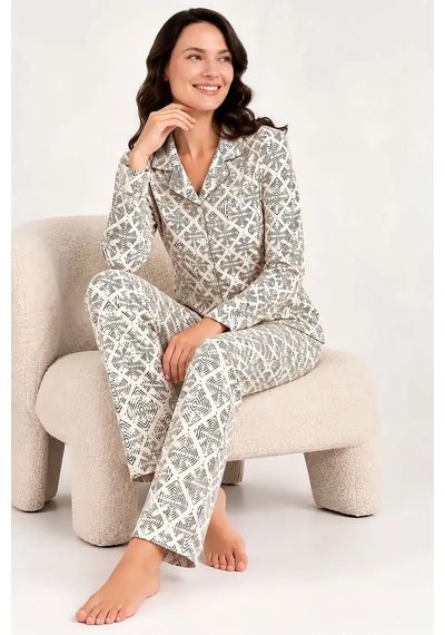 Pierre Cardin Gömlek Yaka Desenli Kadın Pijama Takımı Krem
