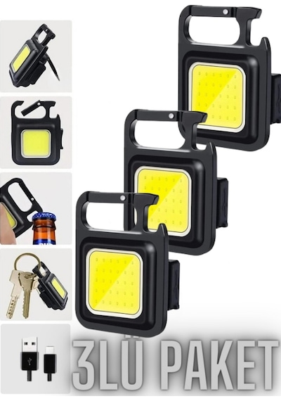 3 Adet Led Anahtarlıklı Metal Kasa El Feneri Cep Boy Cob 800mah Siyah