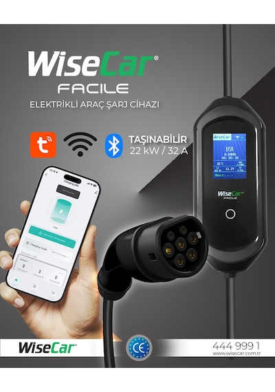 Wisecar Facile 22 Kw 32a Mobil Uygulamalı Taşınabilir Elektrikli Araç Şarj Cihazı Tuya Smart Wifi + Bluetooth 11-22kw