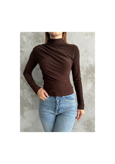 Unika Boutique Kadın Kahverengi Dik Yaka Omuz Ve Bel Büzgülü Uzun Kollu Bluz