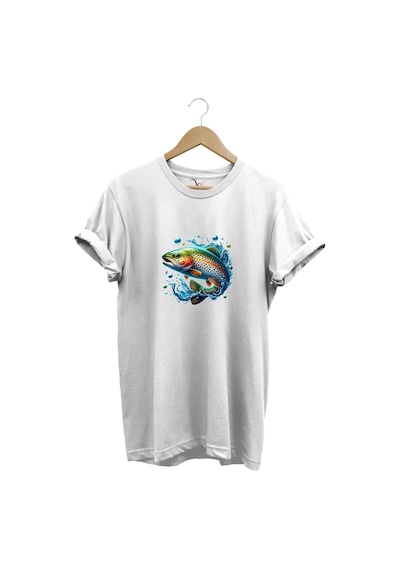 Fishing Avcılık Alabalık Balıkçılığı Baskılı %100 Pamuk Regular Fit Bisiklet Yaka Beyaz T-shirt Beyaz