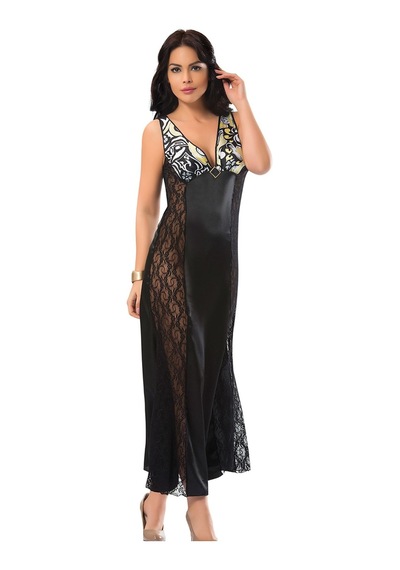 Sistina Siyah Dantelli Saten Gecelik - 085 Siyah