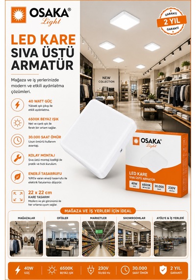 2 Adet Osaka 40w Kare Sıva Üstü Armatür Beyaz Işık 6500k