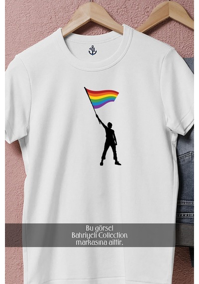Oversize Lgbt Bayrağı Tasarımlı Unisex T-shirt Beyaz