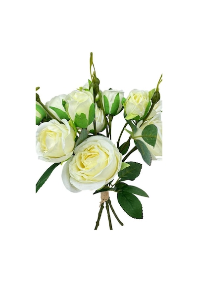 Yapay Çiçek Beyaz Gül 8 Gül 4 Tomurcuklu Lüx Demet Gelin Çiçeği Buketi Masa Üstü Vazo Çiçeği 47cm