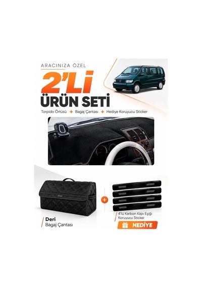 E-biz Mercedes Vıto W638 1996-2003 Uyumlu Torpido Örtüsü + Deri Bagaj Çantası Seti - Siyah - Mb024