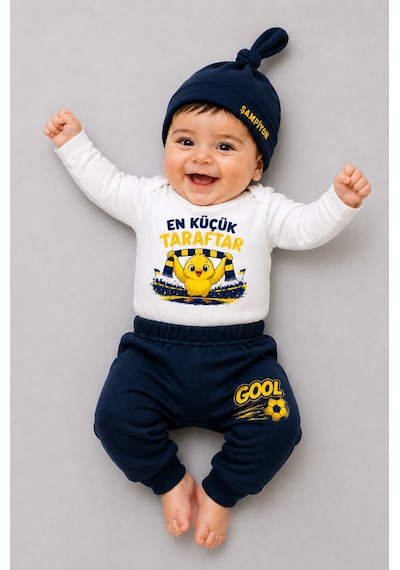 Babyden's %100 Pamuk Sarı Lacivert En Küçük Taraftar 3'lü Yenidoğan Bebek Takımı Uzun Kollu Body Pantolon Şapka Set