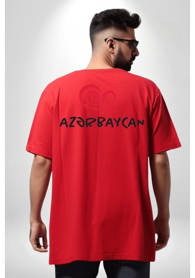 Azerbaycan Seviyorum I Love Azarbaycan Kırmızı Oversize Unisex Ön Ve Sırt Baskılı Tişört Kırmızı