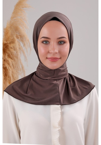 Melodi Scarf Kadın Tesettür Pratik Çıtçıtlı Sandy Fular Hazır Deniz Havuz Uyumlu Bone Kahverengi Kahverengi