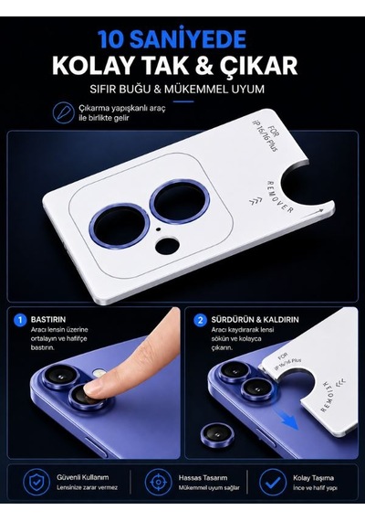 Apple iPhone Uyumlu  15 / 15 Plus Siyah Metal Kamera Lens Koruyucu Safir Cam Ultra Net Hd