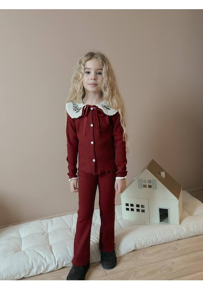 Miniko Kids Kız Çocuk Yaka Dantelli Fitilli Kaşkorse Bayramlık Taytlı Takım Bordo