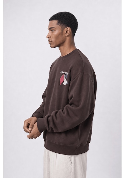 Respire Erkek Members Only Baskılı Oversize Sweatshirt Kahve