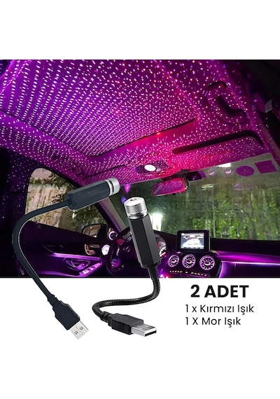 Upway Usb Lazer Yıldız Projektörü 2 Adet Kırmızı Mor Gece Lambası Oto Aksesuarı Diğer