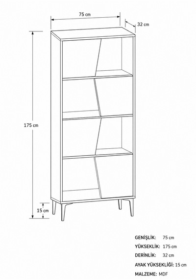 Roma Kitaplık 175 Cm - Vitrin - Gümüşlük 100% Mdf Metal Ayak Beyaz
