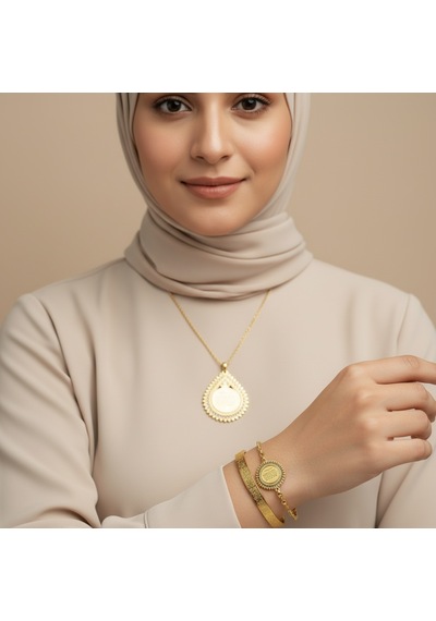 Damla Model Kolye Ve Ayetel Kürsi Bileklik Seti Gold Renk Çelik Takı Altın