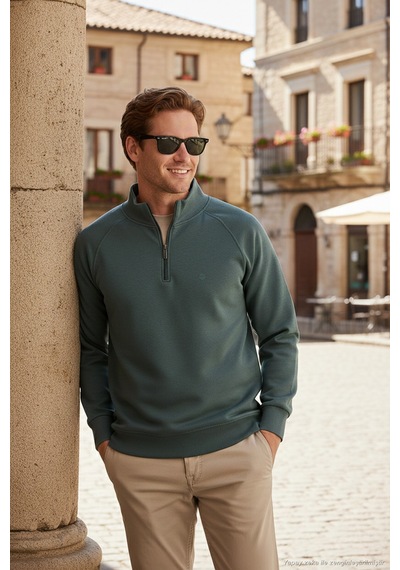 Buratti Pamuklu Relaxed Fit Yarım Fermuarlı Dik Yaka Erkek Sweat 5901232 Haki
