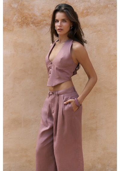 Mai Collection Mai Studios Co. Lvdovila Açık Bordo Keten Crop Yelek Pantolon Takım Acık Bordo