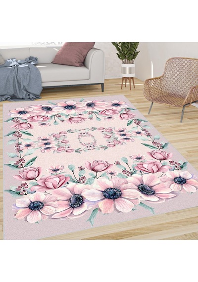 Rovigo Home Dijital Baskı Yıkanabilir Kaymaz Taban Salon Halısı Rvg0640 Pembe