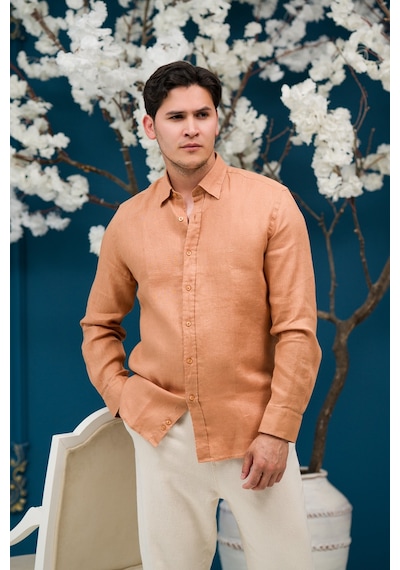 Paul Martin Regular Fit Gizli Düğmeli Yaka %100 Linen Ham Keten Gömlek Kiremit