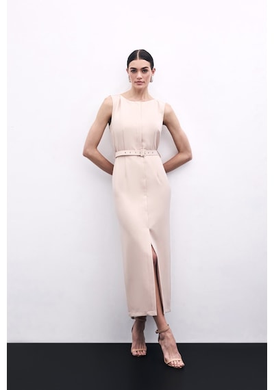 Sateen Kemerli Kalem Elbise - Bej-135812 Bej