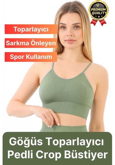 Svein Göğüs Toparlayıcı Sarkma Önleyen Gündelik Spor Kullanım İnce İp Askılı Pedli Çizgili Crop Büstiyer Yeşil