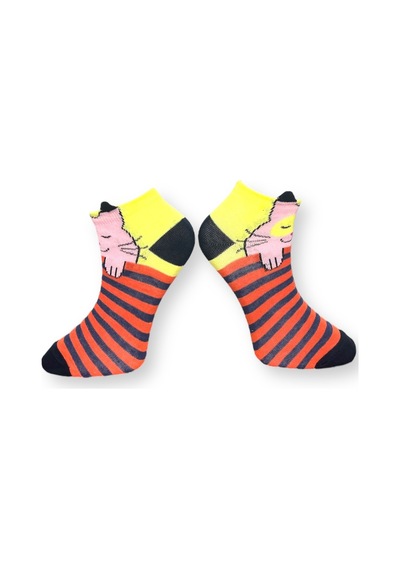 Me-vo Tekli Turuncu Renkli Bay/bayan Unisex Esnek Nem Alabilen Pamuklu Kedi Desenli Patik Çorap Turuncu