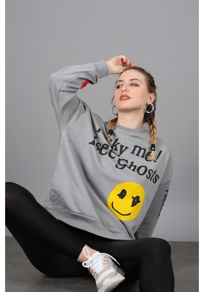 Madmext Mad Girls Füme Baskılı Oversize Sweatshirt Mg1207