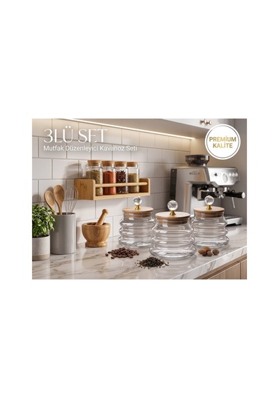 Kristal Kulplu Bambu Kapaklı Dalgalı Borosilikat Cam Kavanoz 400ml - Lüks Mutfak & Banyo Saklama Kab Beyaz Beyaz