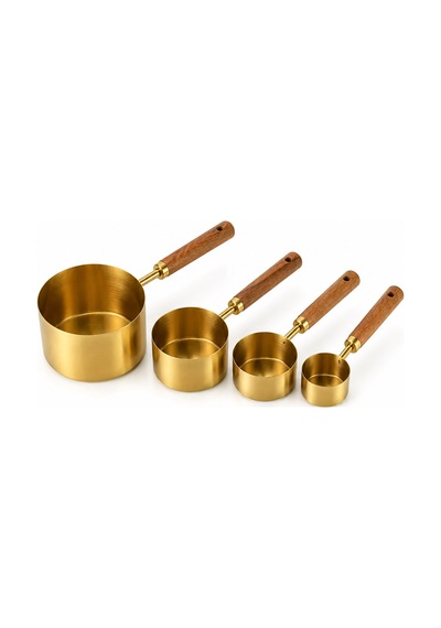 Lüks 4'lü Ahşap Kulplu Gold Ölçü Kaşığı Seti Kahve, Baharat, Tatlı Ve Hamur İşi İçin Mutfak Ölçü Seti Altın