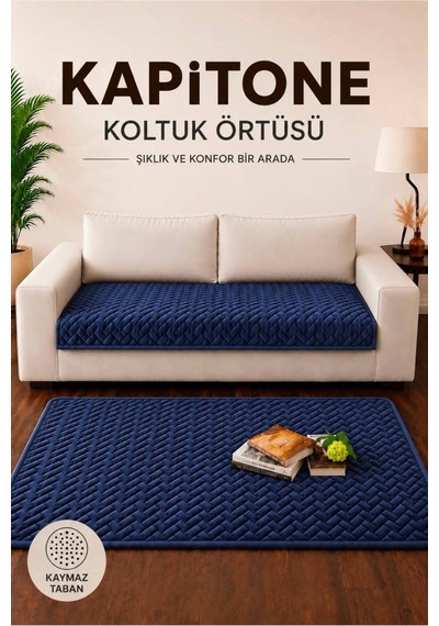 Tek Parça Kaymaz Taban Kapitone Koltuk Örtüsü Çekyat Kanepe Örtüsü 90x200 Lacivert Lacivert