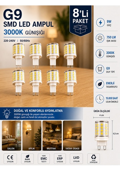 8 Adet 9w 750 Lm 3000k Günışığı G9 Smd Led Ampul