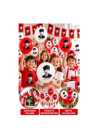 Atatürklü Balon 30 Adet Ata Balon Süsleme 29 Ekim 23 Nisan Kırmızı Beyaz Balon Bayrak Balon Bayram Beyaz - Kırmızı
