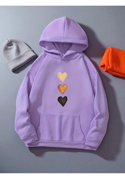 Uyguntarz Unisex Sirali Kalp Baskılı Oversize Sweatshirt Lila