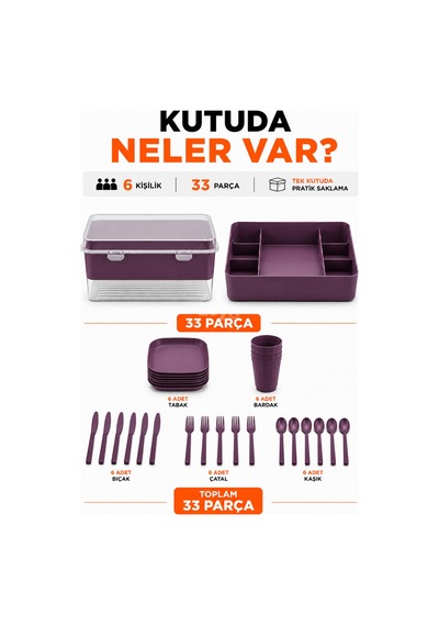 6 Kişilik 33 Parça Piknik Seti Saklama Kutulu Bpa Free Kamp Ve Seyahat Yemek Seti Mor