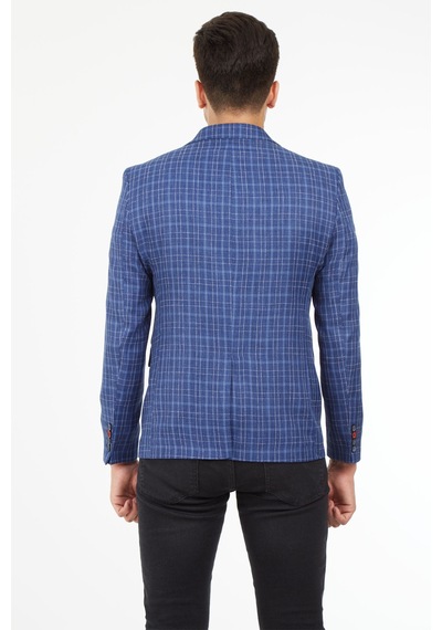 Sposo 5140 Yelekli Dar Kalıp Açık Laci Ekose Erkek Blazer Ceket Açık Lacivert