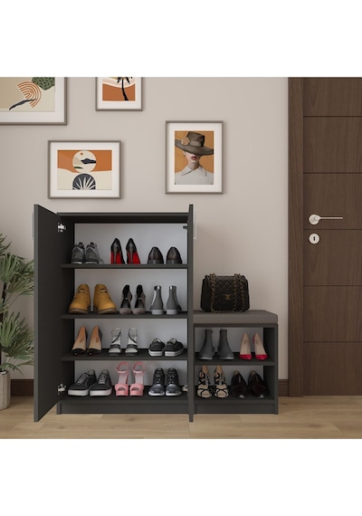 Asra Trend Puflu Ayakkabılık A-28 %100 MDF Minderli Geniş Portmanto Koyu Gri