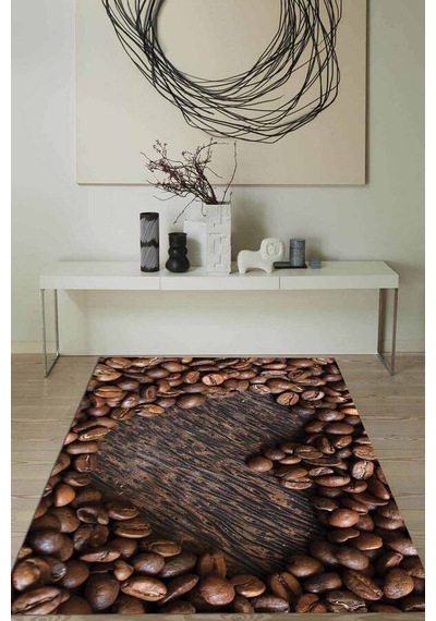 Kahverengi Kaymaz Tabanlı Coffee Temalı Mutfak Halısı Mt30n11