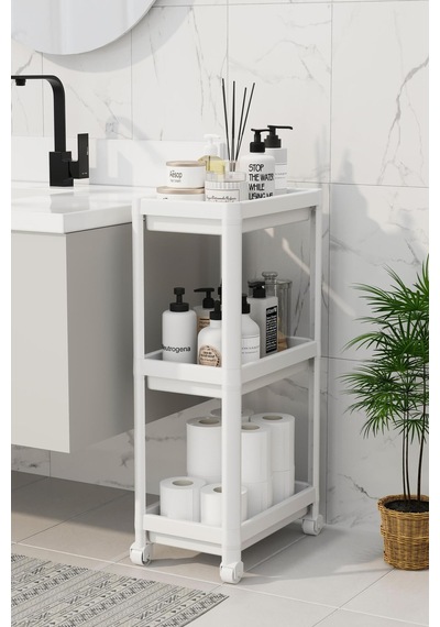3 Katlı Banyo Raf Ünitesi Peggy Beyaz Banyo Düzenleyici Şampuanlık Havluluk Dolap Beyaz Renkli