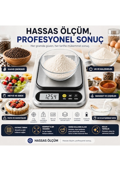 10 Kg Dijital Hassas Mutfak Tartısı - Lcd Ekranlı, Paslanmaz Çelik Tartım Yüzeyi, Dara Tare Fonksiyonlu, Gram & Ons Ölçüm, 2x Aaa Pilli Açık Gri